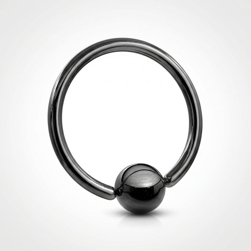 18G PVD coated steel fixed ball nose ring in metallic black, circular captive hoop style, three-quarter view
