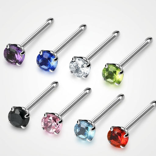 18G surgical steel nose bone studs with 3mm multi-colored prong-set CZ gems, flat-lay view on white