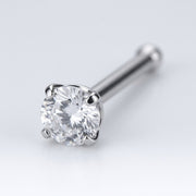 18G surgical steel nose bone stud with a 3mm clear CZ gem in a four-prong setting, close-up detail
