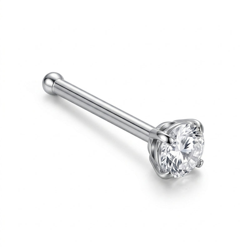18G surgical steel nose bone stud with a clear 3mm prong-set CZ gem, three-quarter view on white