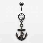 14G PVD coated steel curved navel ring with double clear CZ gems in black bezels and a dangling black anchor.