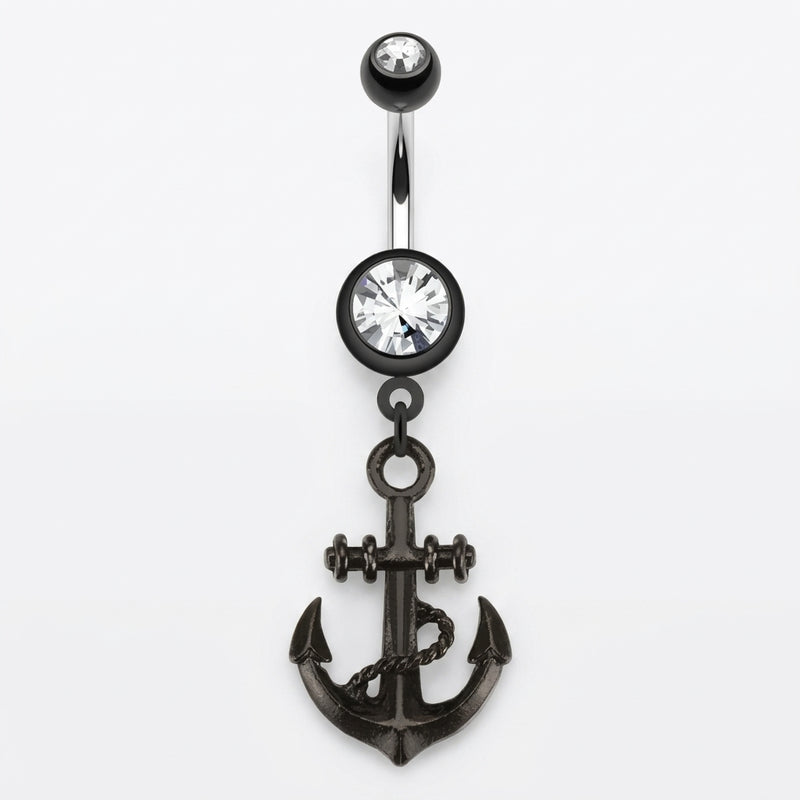 14G PVD coated steel curved navel ring with double clear CZ gems in black bezels and a dangling black anchor.