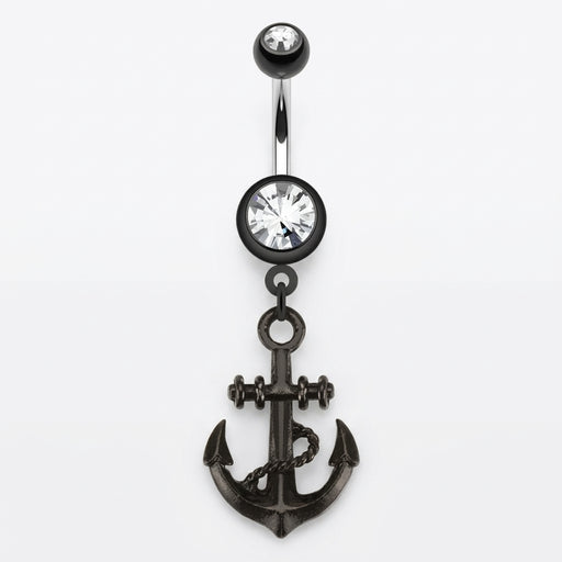 14G PVD coated steel curved navel ring with double clear CZ gems in black bezels and a dangling black anchor.
