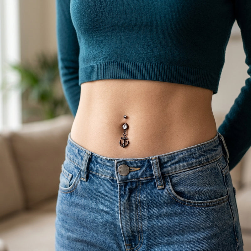 14G PVD coated steel navel ring with clear CZ gems and a dangling anchor charm, shown worn in a navel piercing.