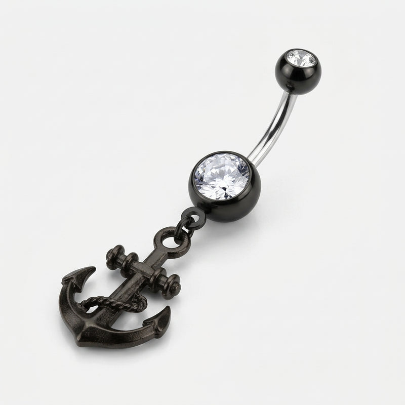 14G PVD Coated Steel navel ring with double clear CZ gems and black anchor dangle, three-quarter view
