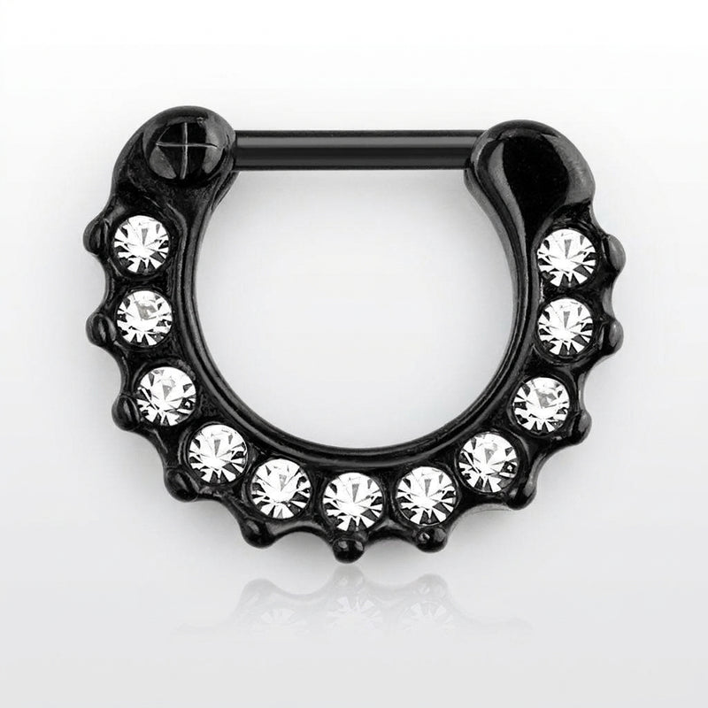 16G black PVD coated steel septum clicker ring lined with clear CZ gems, overhead view