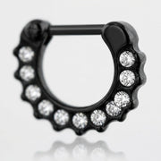 16G PVD coated steel black septum clicker ring with clear CZ gems, close-up detail.