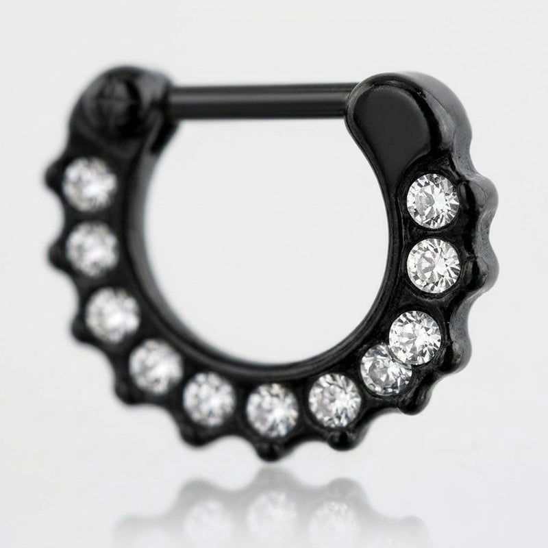 16G PVD coated steel black septum clicker ring with clear CZ gems, close-up detail.