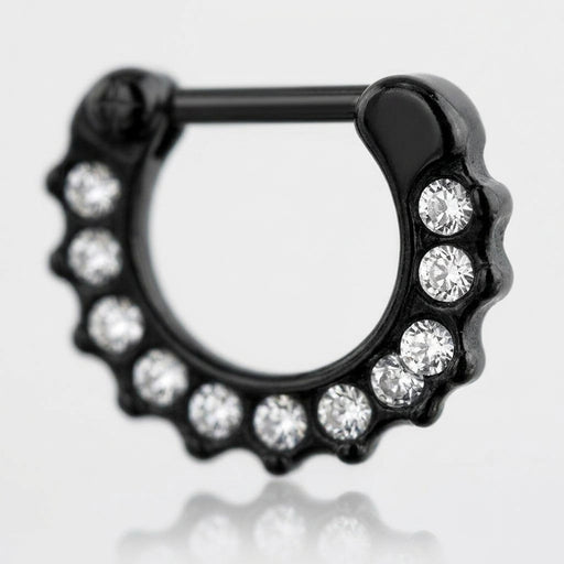 16G PVD coated steel black septum clicker ring with clear CZ gems, close-up detail.