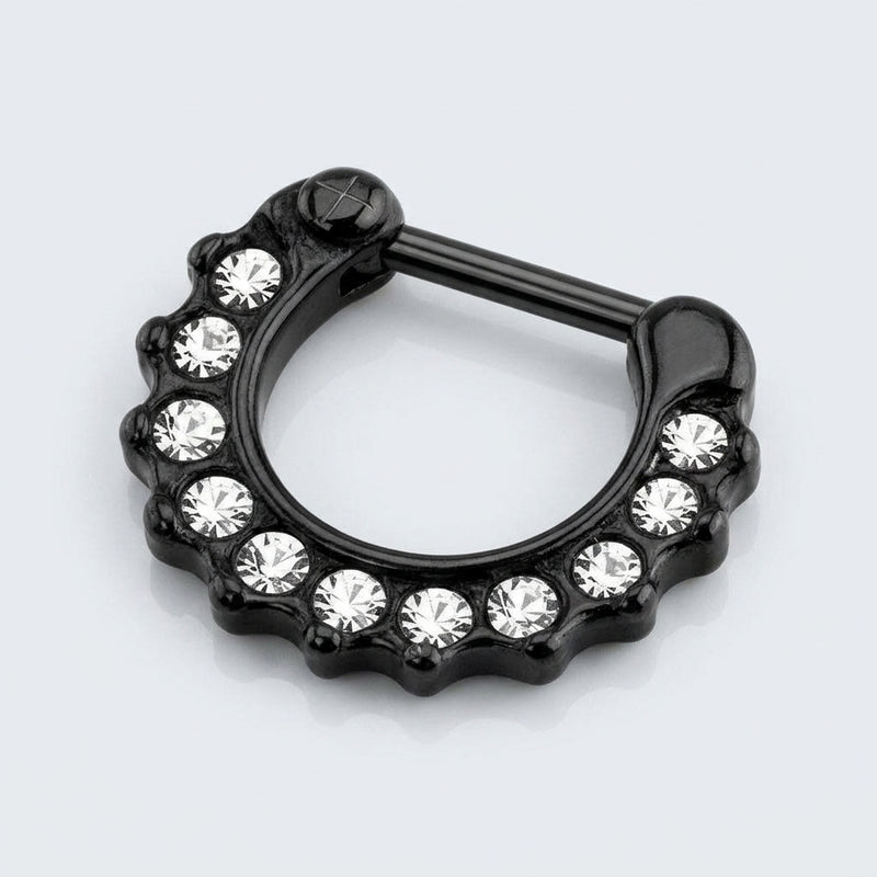 16G black PVD coated steel septum clicker ring with clear CZ gems, three-quarter view