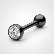 14G PVD coated steel tongue barbell with clear CZ gem and black ball end, three-quarter view