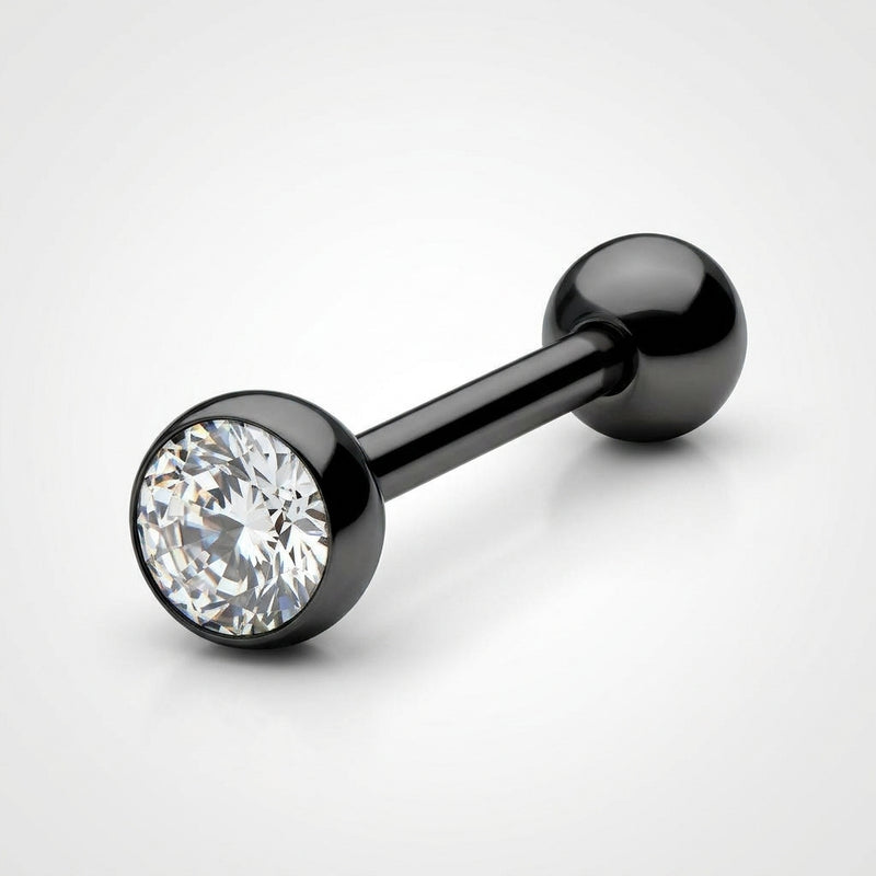 14G PVD coated steel tongue barbell with clear CZ gem and black ball end, three-quarter view