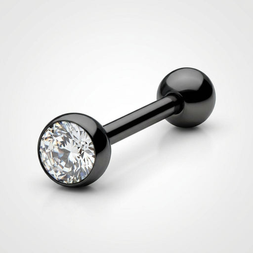14G PVD coated steel tongue barbell with clear CZ gem and black ball end, three-quarter view