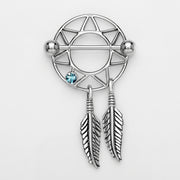 14G surgical steel nipple shield with a dream catcher design, blue gem, dangling feathers, and straight barbell