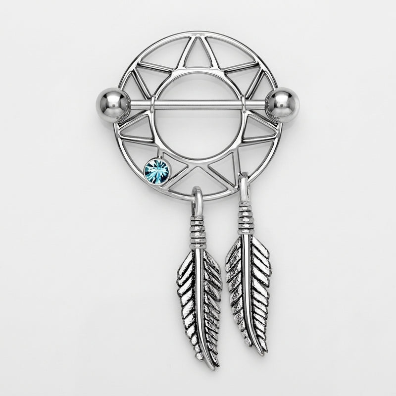 14G surgical steel nipple shield with a dream catcher design, blue gem, dangling feathers, and straight barbell