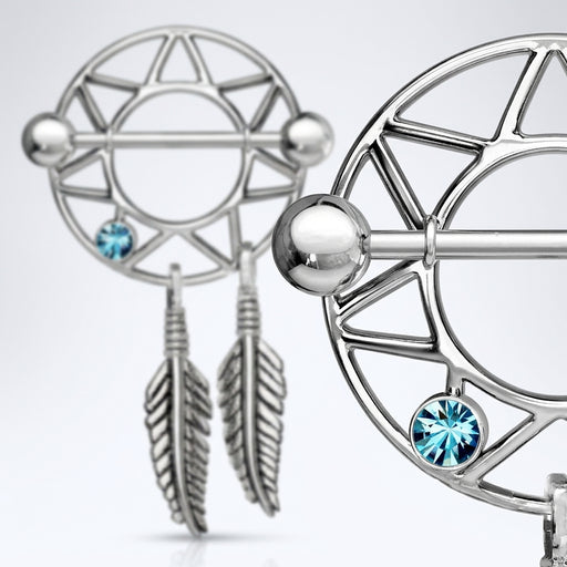 14G surgical steel dream catcher nipple shields with blue CZ gems, dangling feathers, and ball ends, close-up