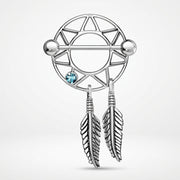 14G surgical steel nipple shield with dreamcatcher design, blue gem, straight barbell, and dangling feathers
