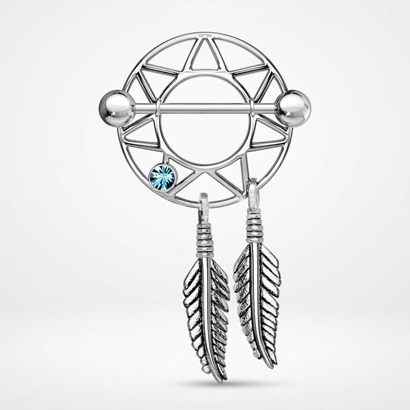14G surgical steel nipple shield with dreamcatcher design, blue gem, straight barbell, and dangling feathers