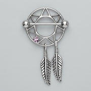 14G surgical steel nipple shield with dream catcher design, purple gem, straight barbell, and dangling feathers