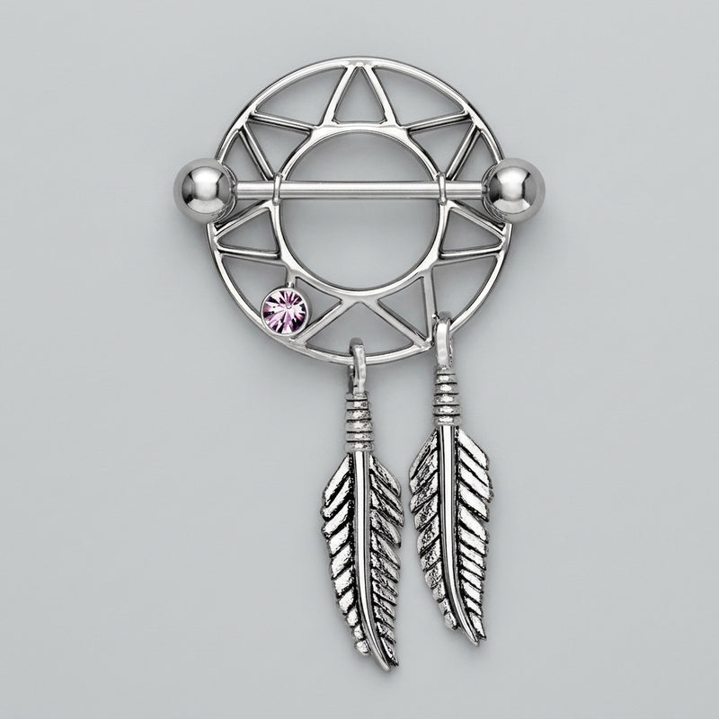 14G surgical steel nipple shield with dream catcher design, purple gem, straight barbell, and dangling feathers