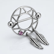 14G surgical steel dream catcher nipple shield with straight barbell, pink gem, and two dangling feathers