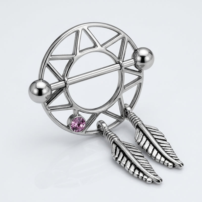 14G surgical steel dream catcher nipple shield with straight barbell, pink gem, and two dangling feathers