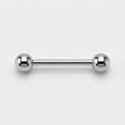 14G titanium straight barbell with polished ball ends, internally threaded, flat-lay view