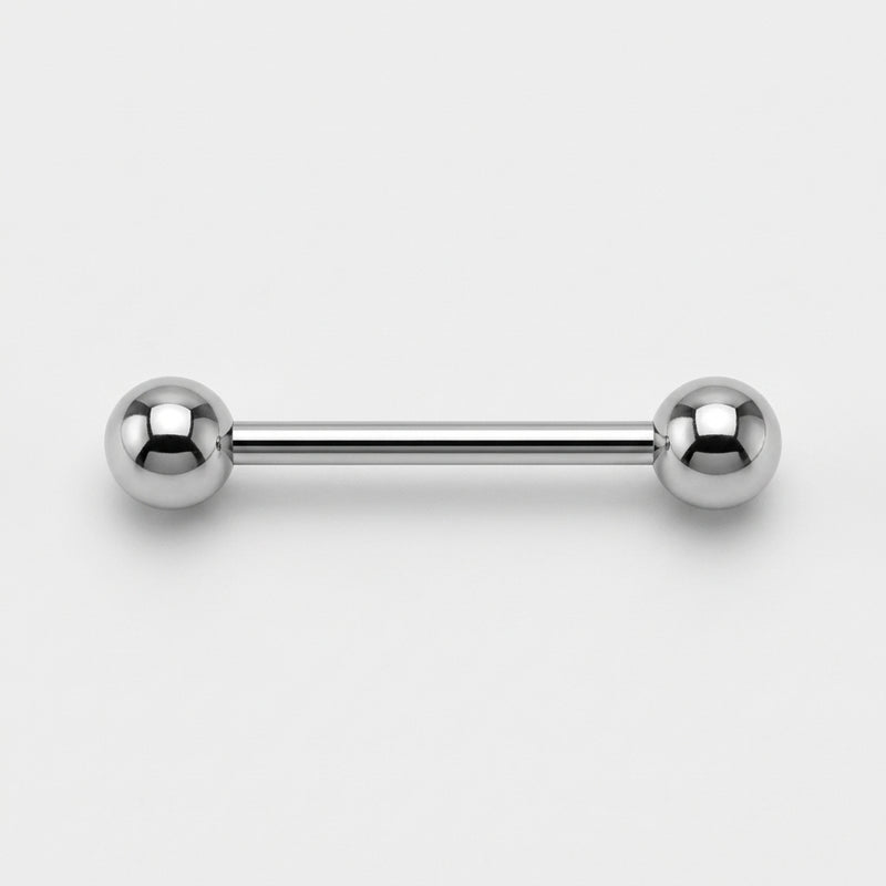 14G titanium straight barbell with polished ball ends, internally threaded, flat-lay view