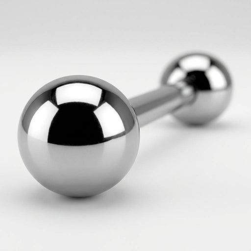 14G titanium straight barbell with polished ball ends, close-up three-quarter view on white