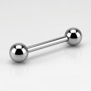 14G titanium internally threaded straight barbell with highly polished ball ends, three-quarter view on white