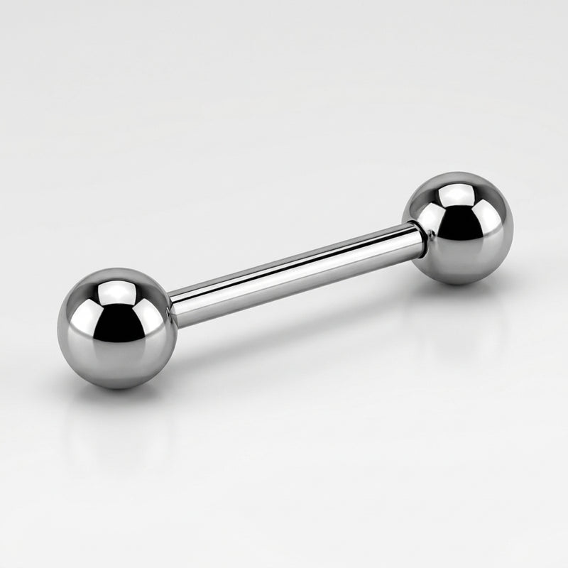 14G titanium internally threaded straight barbell with highly polished ball ends, three-quarter view on white