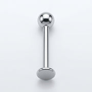 16G titanium labret lip ring with a straight post, flat back disc, and 3mm ball end, overhead view