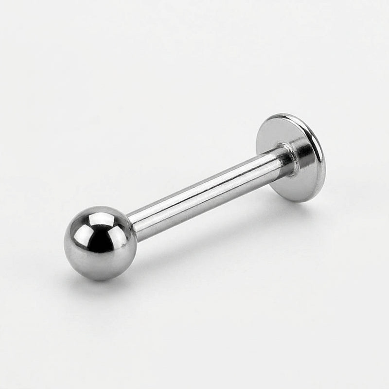 16G titanium internally threaded lip ring with 3mm ball and flat back, three-quarter view on white