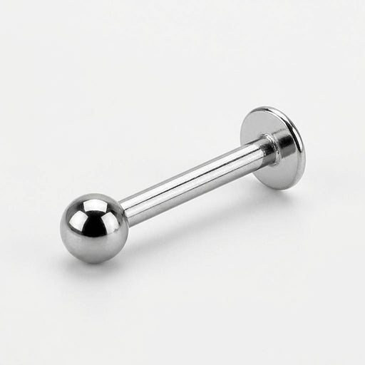 16G titanium internally threaded lip ring with 3mm ball and flat back, three-quarter view on white