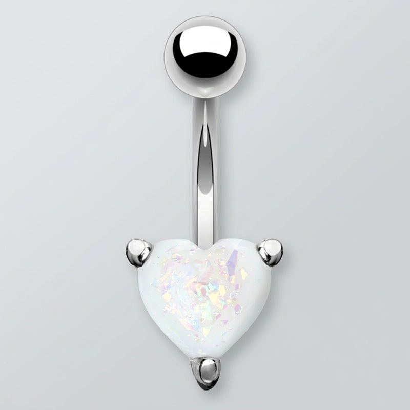 14G surgical steel navel ring with a top metal ball and a three-prong set white opal glitter heart gem.