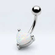 14G surgical steel navel ring featuring a white opal glitter heart gem and polished ball, three-quarter view