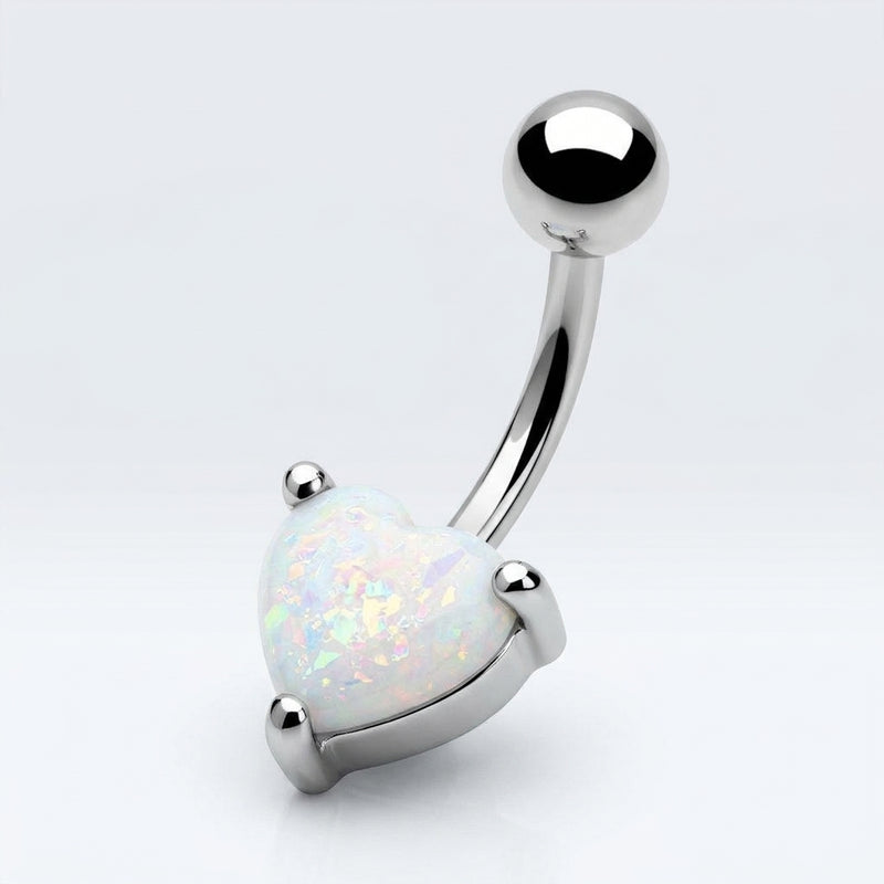 14G surgical steel navel ring featuring a white opal glitter heart gem and polished ball, three-quarter view