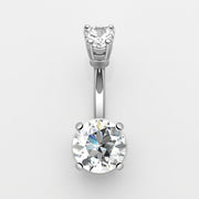 14G surgical steel navel ring with double round clear CZ gems in prong settings, overhead flat-lay view