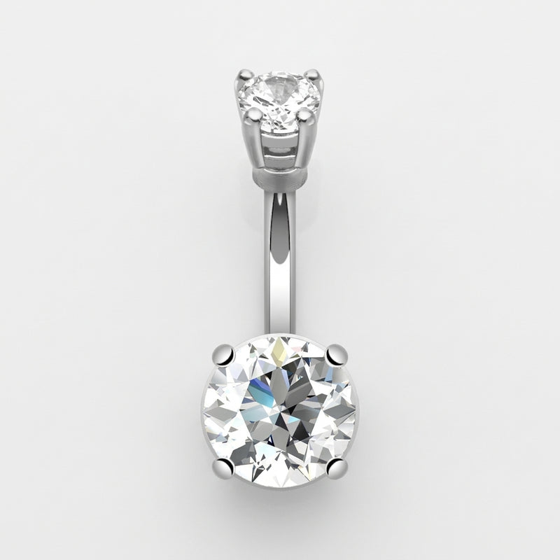 14G surgical steel navel ring with double round clear CZ gems in prong settings, overhead flat-lay view