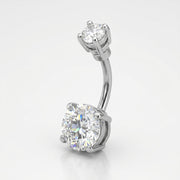 14G surgical steel curved navel ring with double prong-set clear CZ gems, three-quarter view on white