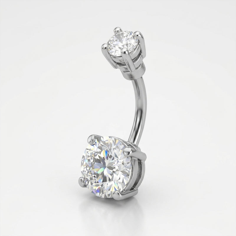 14G surgical steel curved navel ring with double prong-set clear CZ gems, three-quarter view on white