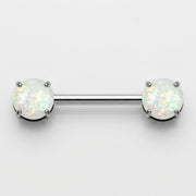 14G surgical steel nipple barbell with prong-set round white opal glitter gem ends, flat-lay view