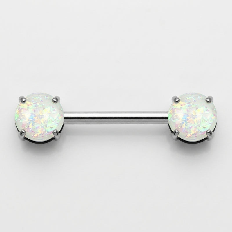 14G surgical steel nipple barbell with prong-set round white opal glitter gem ends, flat-lay view