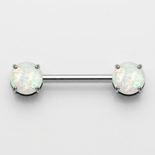 14G surgical steel nipple barbell with prong-set round white opal glitter gem ends, flat-lay view
