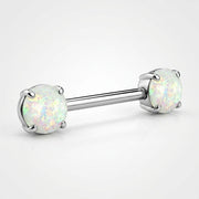 14G surgical steel straight nipple barbell with prong-set white glitter opal ends, three-quarter view
