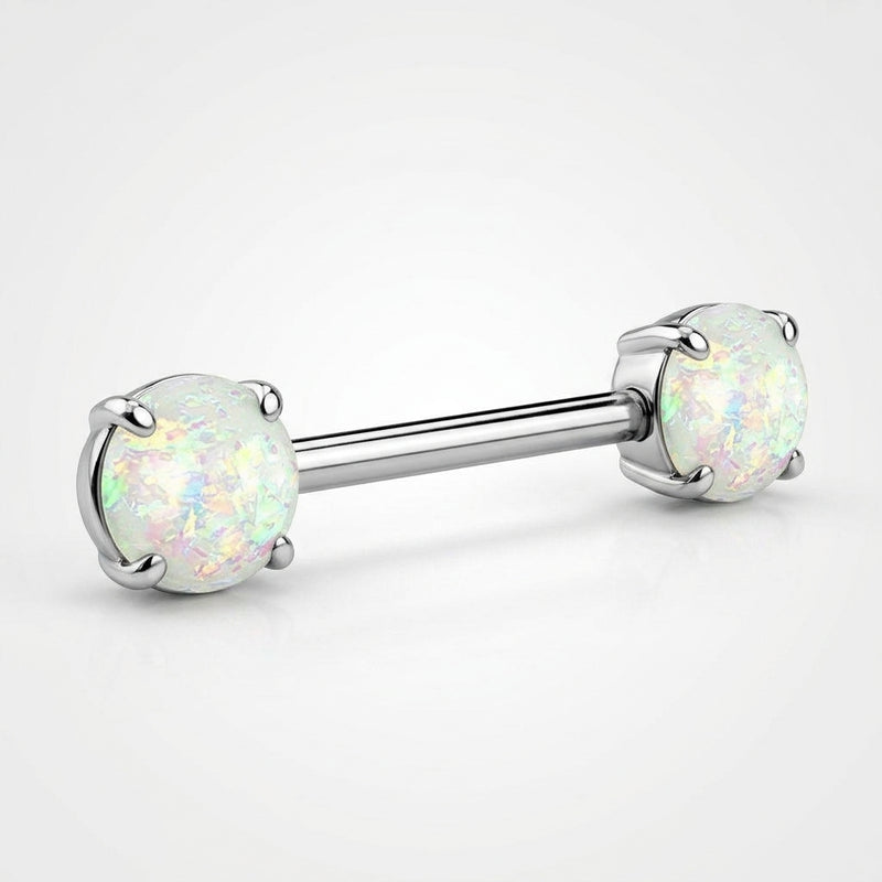 14G surgical steel straight nipple barbell with prong-set white glitter opal ends, three-quarter view