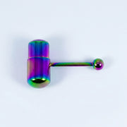 14G surgical steel tongue ring with rainbow vibrating capsule and matching ball end, flat-lay view
