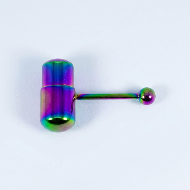 14G surgical steel tongue ring with rainbow vibrating capsule and matching ball end, flat-lay view