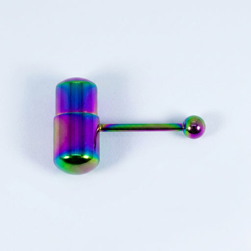 14G surgical steel tongue ring with rainbow vibrating capsule and matching ball end, flat-lay view