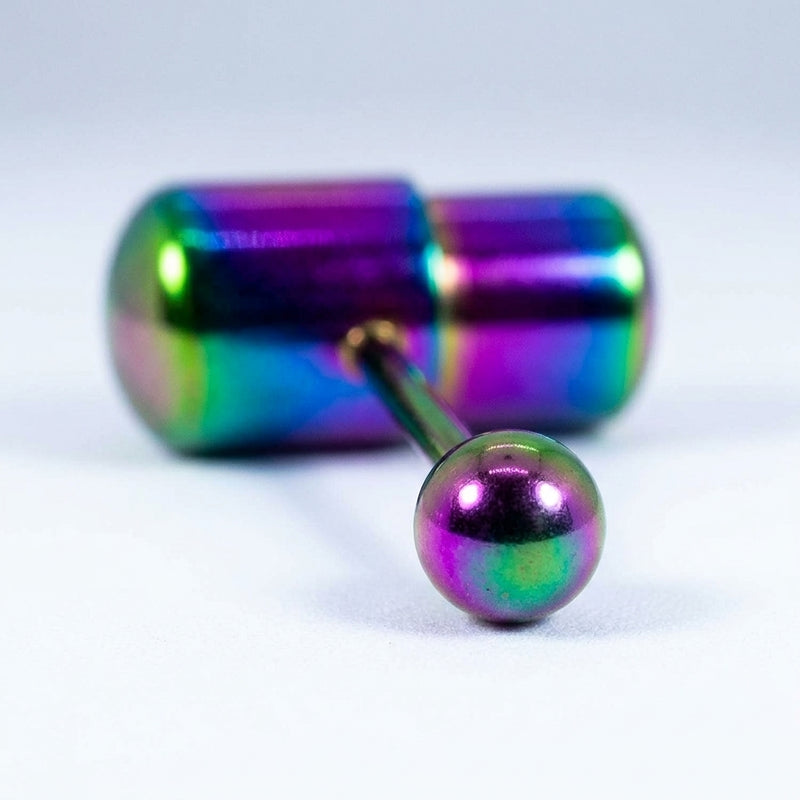 14G surgical steel tongue ring with a rainbow vibrating capsule top and a ball end, close-up view